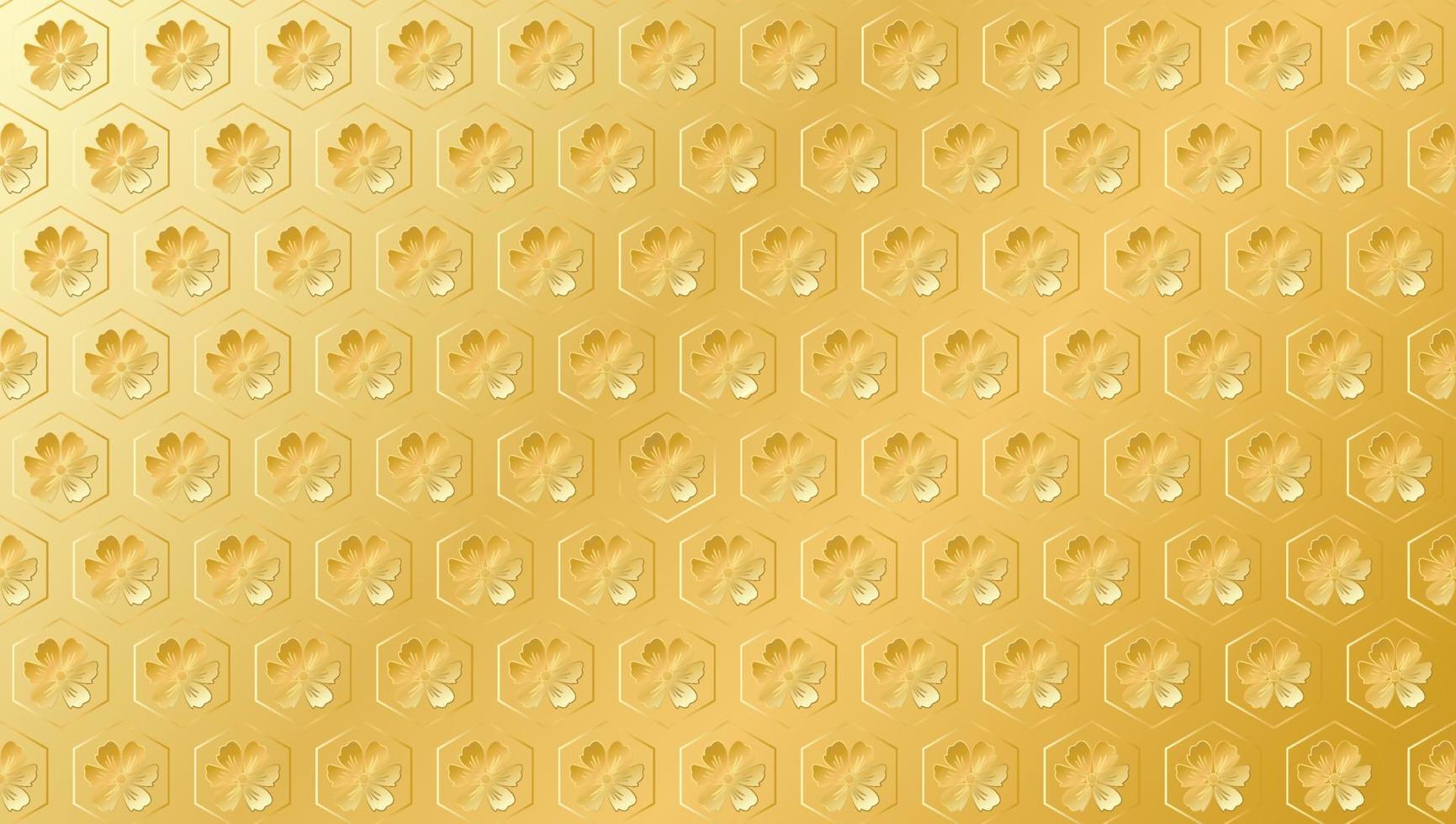 flores japonesas en patrón de diseño sin costuras de arte de línea hexagonal dorada sobre fondo dorado vector