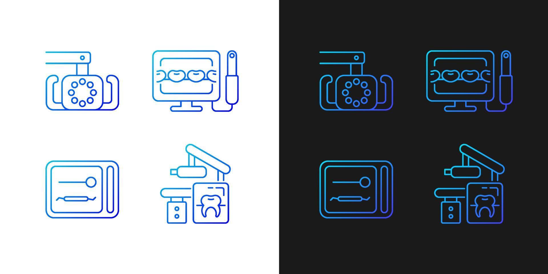 Dental devices gradient icons set for dark and light mode. Lightening oral cavity. Sterilizer box. Thin line contour symbols bundle. Isolated vector outline illustrations collection on black and white