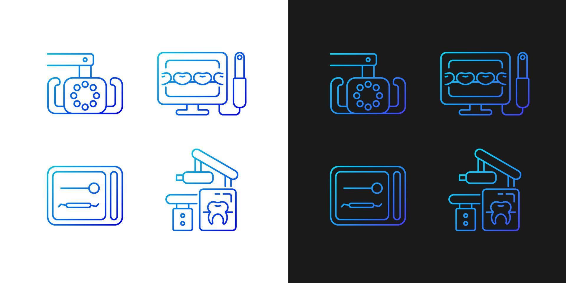 Dental devices gradient icons set for dark and light mode. Lightening oral cavity. Sterilizer box. Thin line contour symbols bundle. Isolated vector outline illustrations collection on black and white