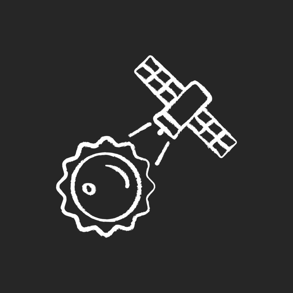 Sun observation process chalk white icon on dark background. Interstellar research mission. Heliophysics science investigation perfomance. Isolated vector chalkboard illustration on black