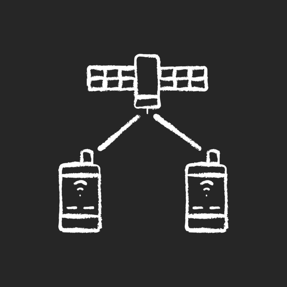 Satellite telephony chalk white icon on dark background. Phones receive signal from satelite. Global telecommunications network connection. Isolated vector chalkboard illustration on black