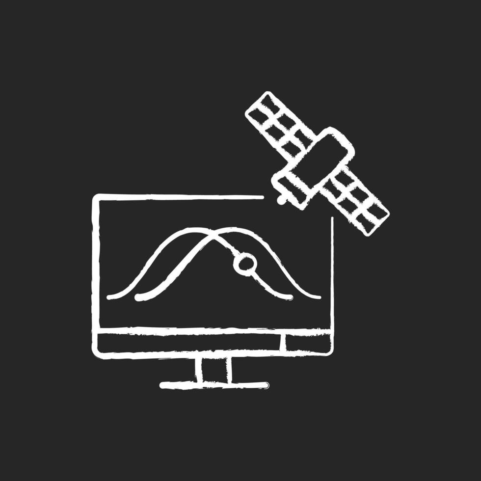 seguimiento por satélite icono blanco tiza sobre fondo oscuro. Observación de órbitas de satélites artificiales, posicionamiento mediante aplicación especial. ilustración de pizarra vectorial aislada en negro vector