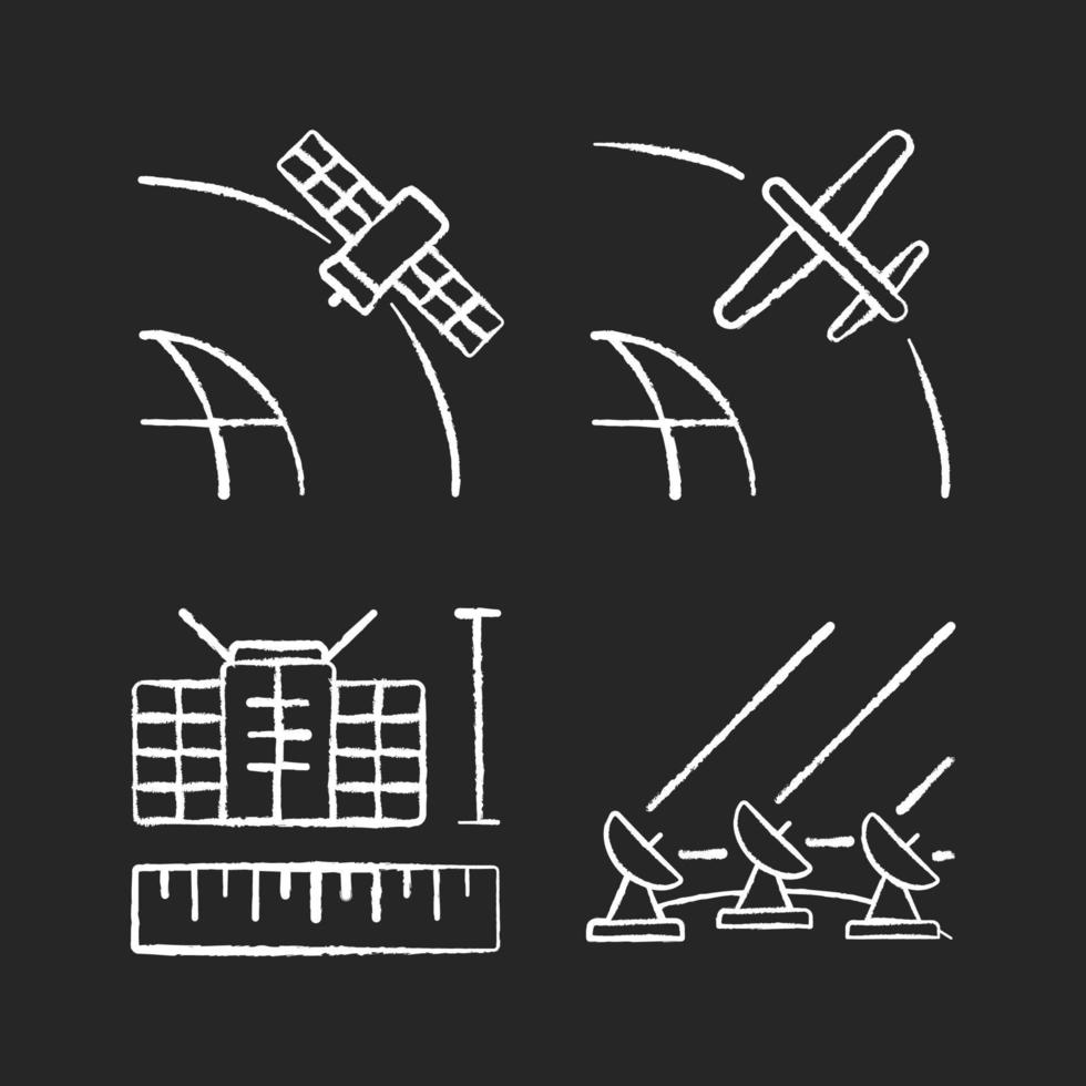 Satellite technologies chalk white icons set on dark background. Ground Satellite system. Geostationary, drone, nano satelites development. Isolated vector chalkboard illustrations on black