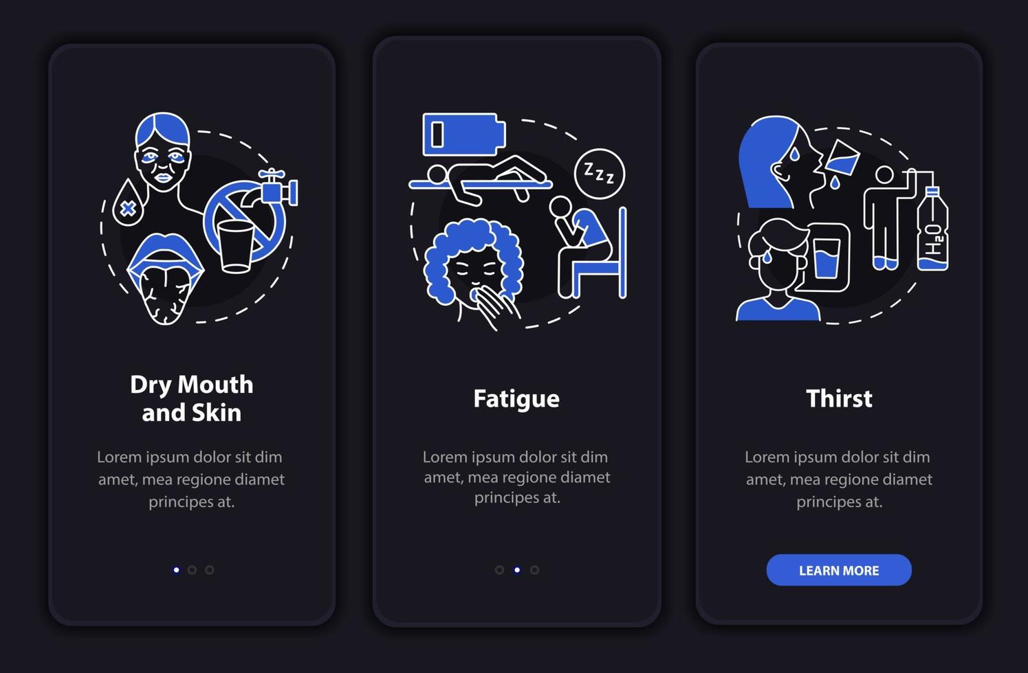 Dehydration symptoms dark onboarding mobile app page screen. Fluid loss walkthrough 3 steps graphic instructions with concepts. UI, UX, GUI vector template with linear night mode illustrations