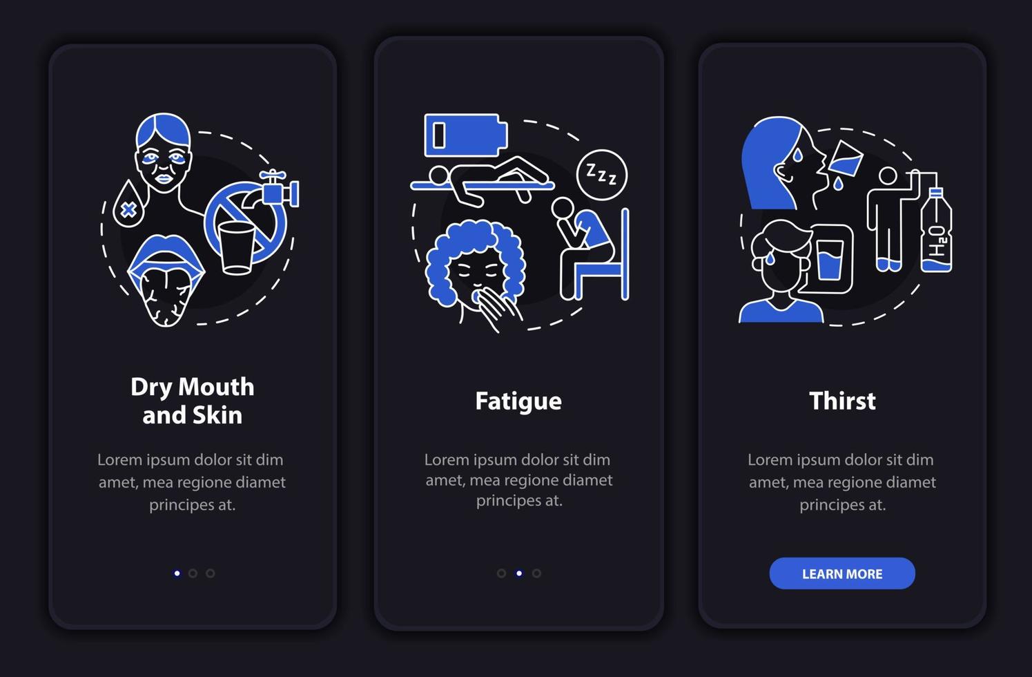 síntomas de deshidratación pantalla de página de aplicación móvil de incorporación oscura. tutorial de pérdida de fluidos instrucciones gráficas de 3 pasos con conceptos. ui, ux, plantilla vectorial gui con ilustraciones lineales en modo nocturno vector