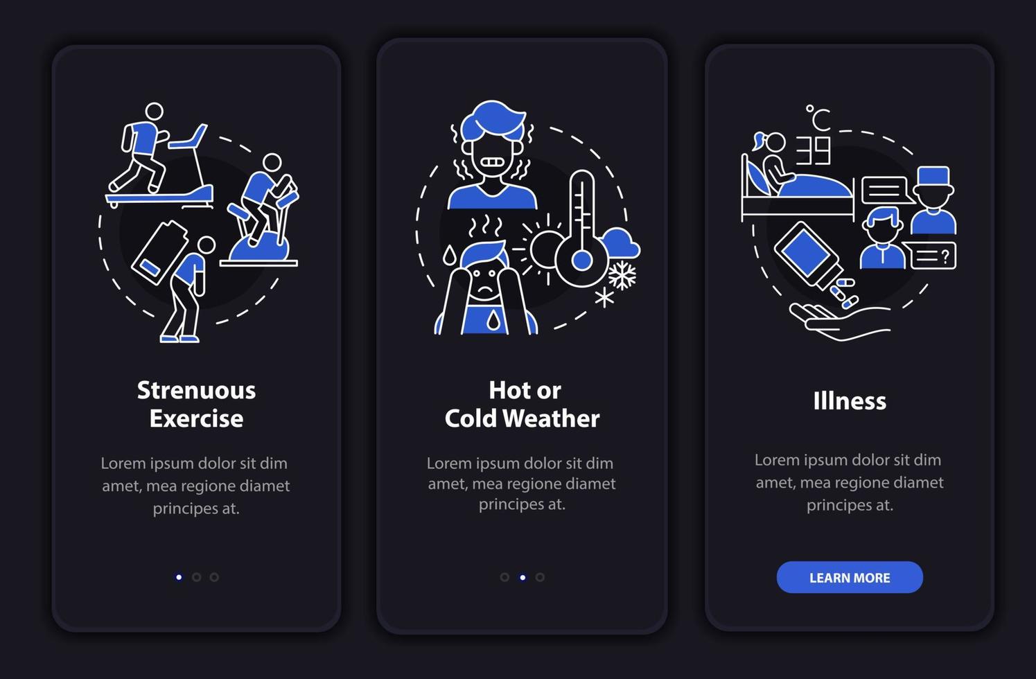 Increased fluid consumption dark onboarding mobile app page screen. Rehydration walkthrough 3 steps graphic instructions with concepts. UI, UX, GUI vector template with linear night mode illustrations