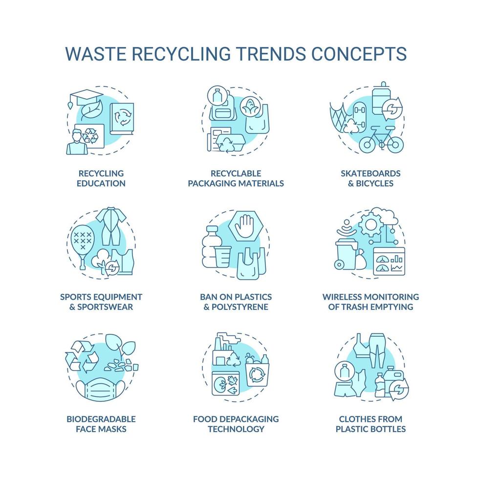 Garbage recycling trends concept icons set. Environmental problems. Reduction in world pollution idea thin line color illustrations. Vector isolated outline drawings. Editable stroke