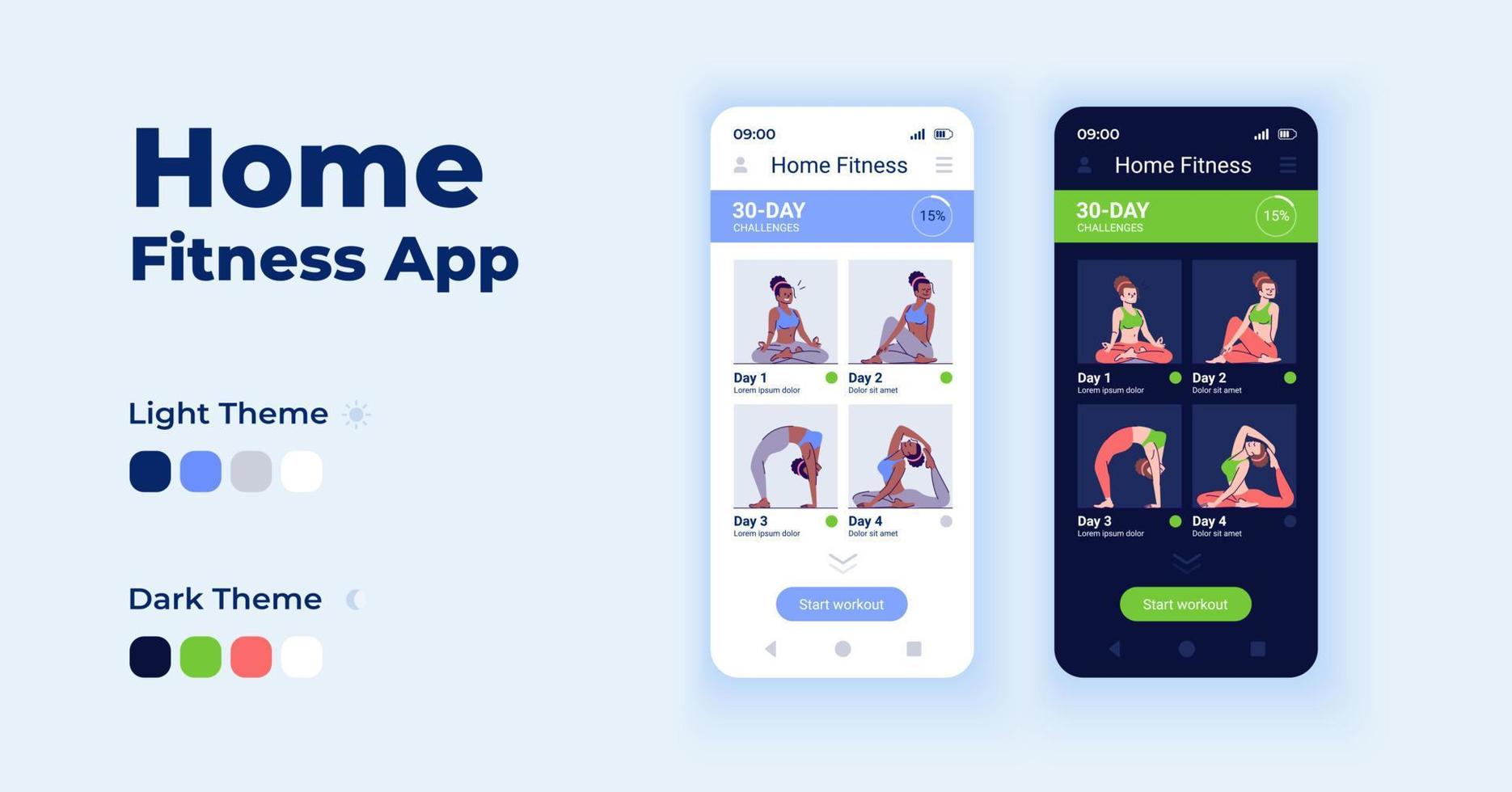 Home fitness app cartoon smartphone interface vector templates set. Mobile app screen page day and dark mode design. Online sport exercises UI for application. Phone display with flat character