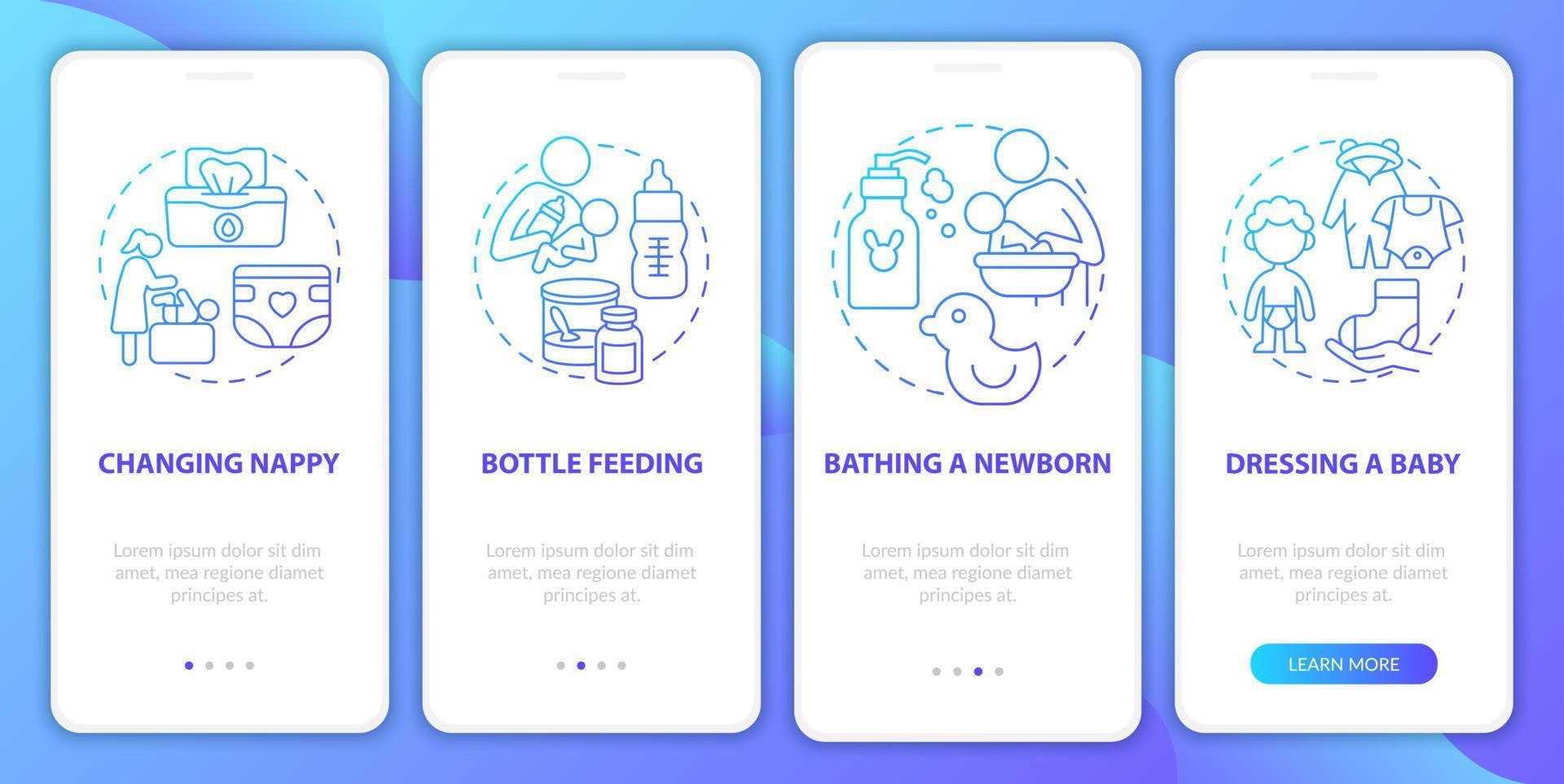 Infant care blue gradient onboarding mobile app page screen. Newborn care walkthrough 4 steps graphic instructions with concepts. UI, UX, GUI vector template with linear color illustrations