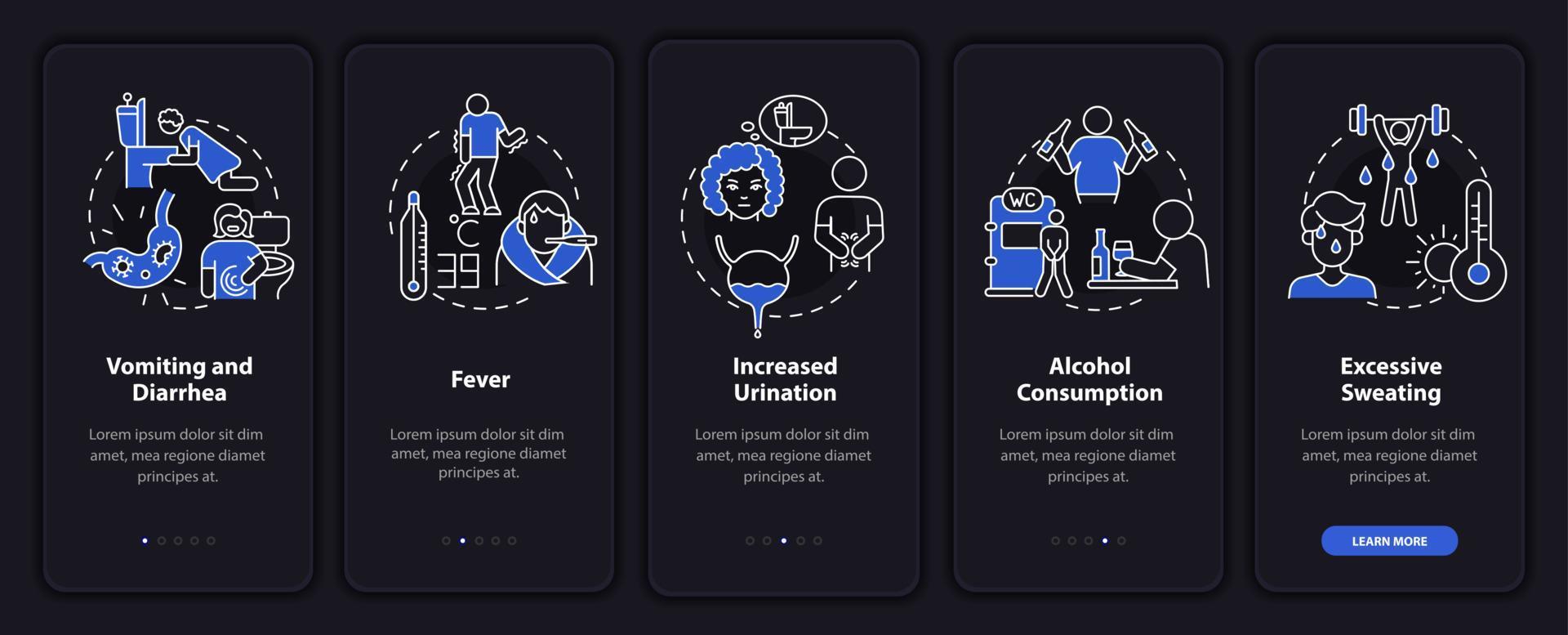 Dehydration causes dark onboarding mobile app page screen. Body water deficit walkthrough 5 steps graphic instructions with concepts. UI, UX, GUI vector template with linear night mode illustrations
