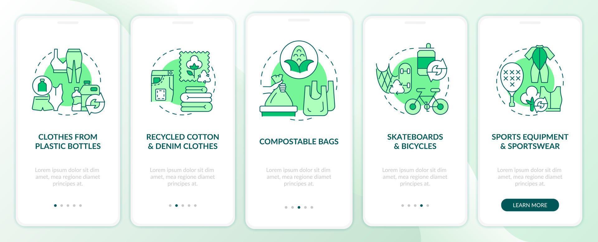 Clothes from upcycled materials onboarding mobile app page screen. Trash recycling walkthrough 5 steps graphic instructions with concepts. UI, UX, GUI vector template with linear color illustrations