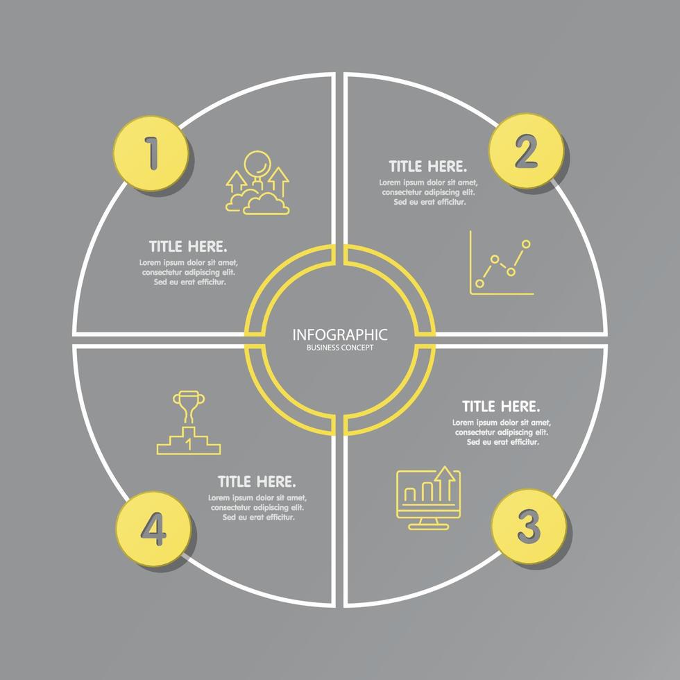 colores amarillo y gris para la infografía circular con iconos de líneas finas. 4 opciones o pasos para infografías. vector