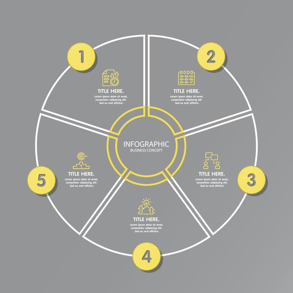 Yellow and Gray colors for circle infographic with thin line icons. 5 options or steps for infographics, vector