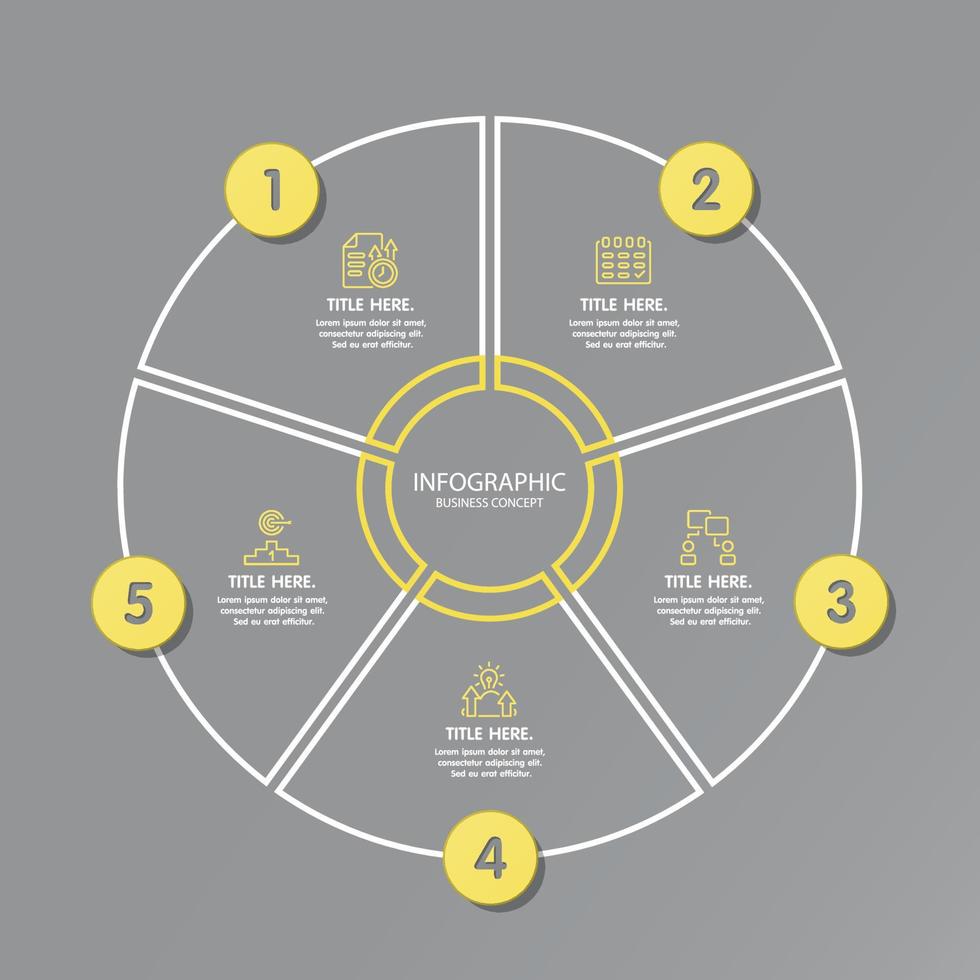 colores amarillo y gris para la infografía circular con iconos de líneas finas. 5 opciones o pasos para infografías, vector