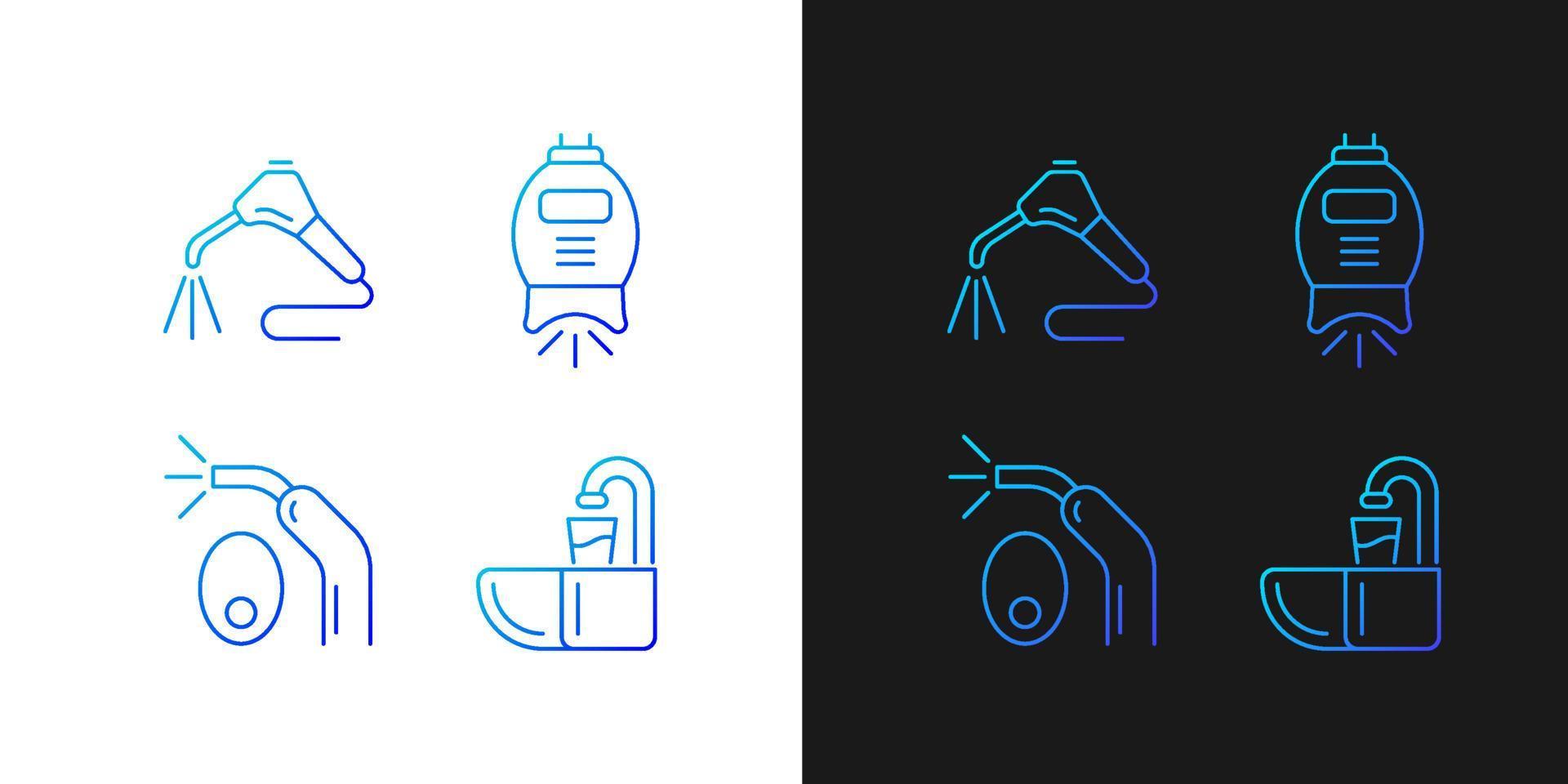 Going to dentist gradient icons set for dark and light mode. Moistening mouth. Whitening machine. Thin line contour symbols bundle. Isolated vector outline illustrations collection on black and white