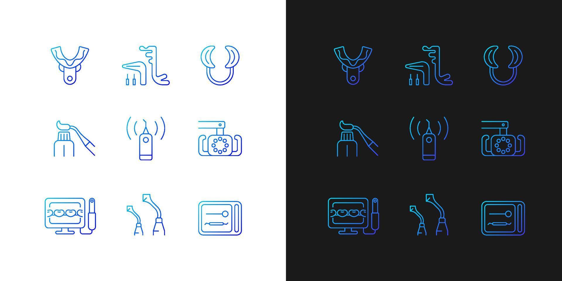 iconos de gradiente de control dental configurados para modo oscuro y claro. dispositivos médicos. cubeta de impresión. paquete de símbolos de contorno de línea delgada. colección de ilustraciones de contorno vectorial aislado en blanco y negro vector