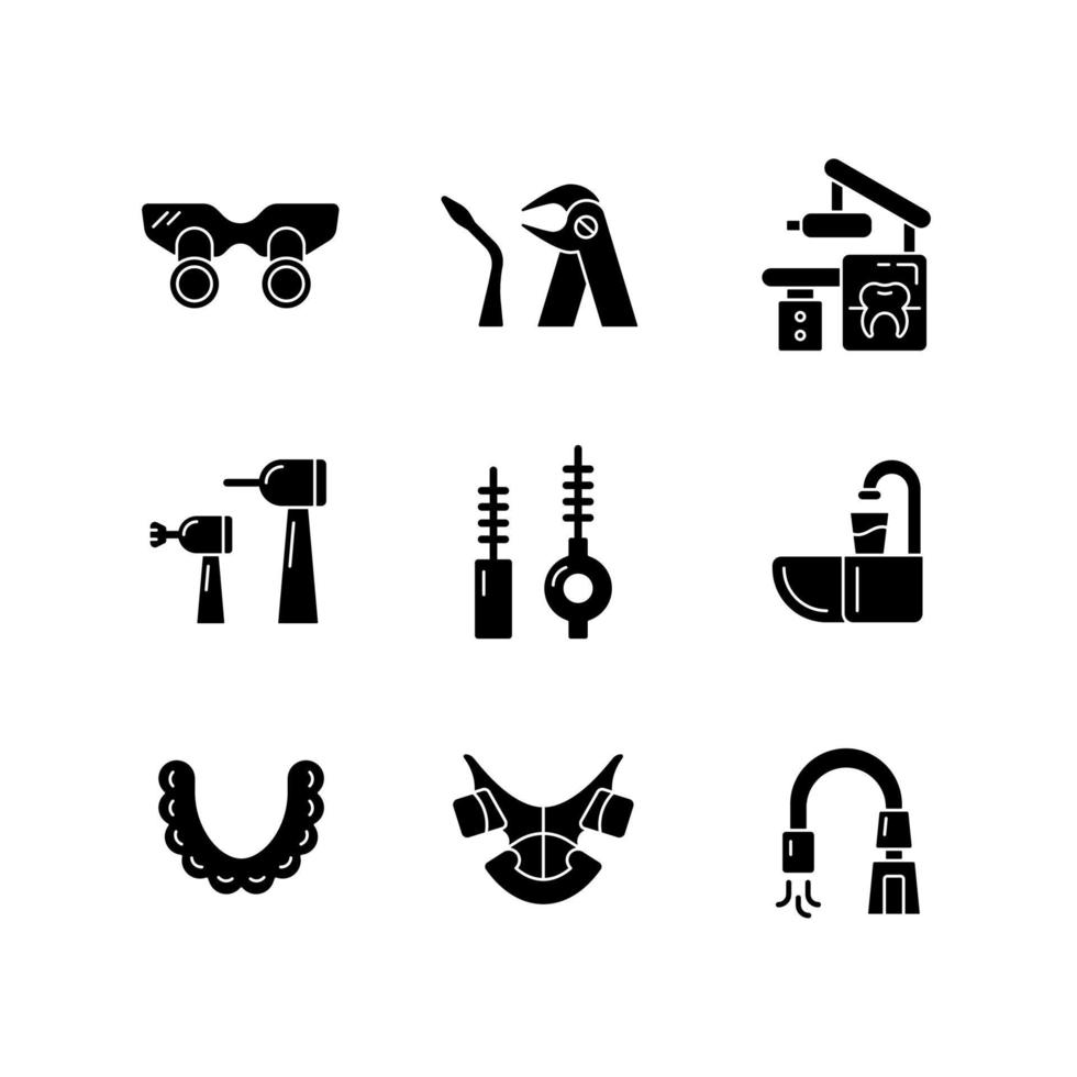 Dental visit black glyph icons set on white space. Orthodontic appliances. Tooth extraction. Cosmetic dentistry. X-ray equipment. Teeth aligners. Silhouette symbols. Vector isolated illustration