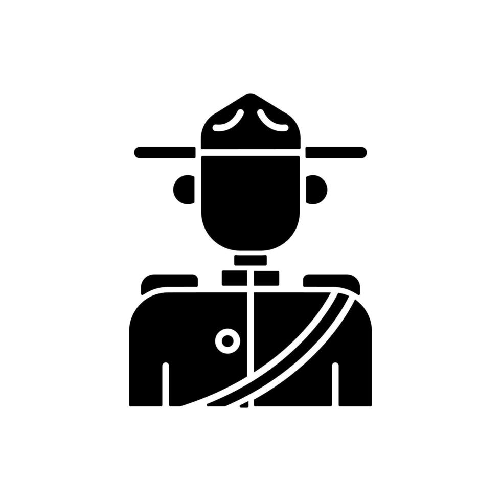 Royal canadian mounted police black glyph icon. Mounties. Rider traditional scarlet uniform. Federal police service. Horse rider officer. Symbol of Canada. Vector isolated illustration