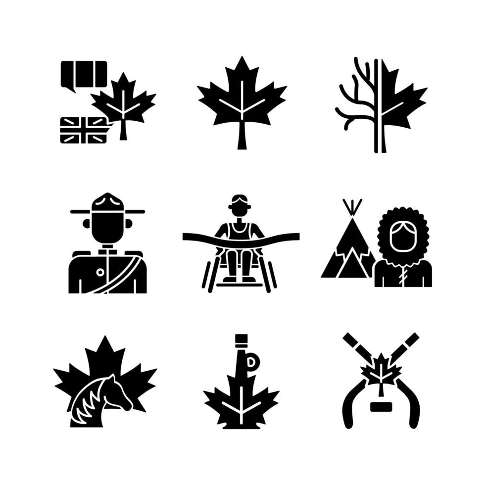 iconos de glifo negro de representación canadiense establecidos en el espacio en blanco. símbolos oficiales del país. patrimonio histórico y cultural. emblema de la hoja de arce. símbolos de silueta. ilustración vectorial aislada vector