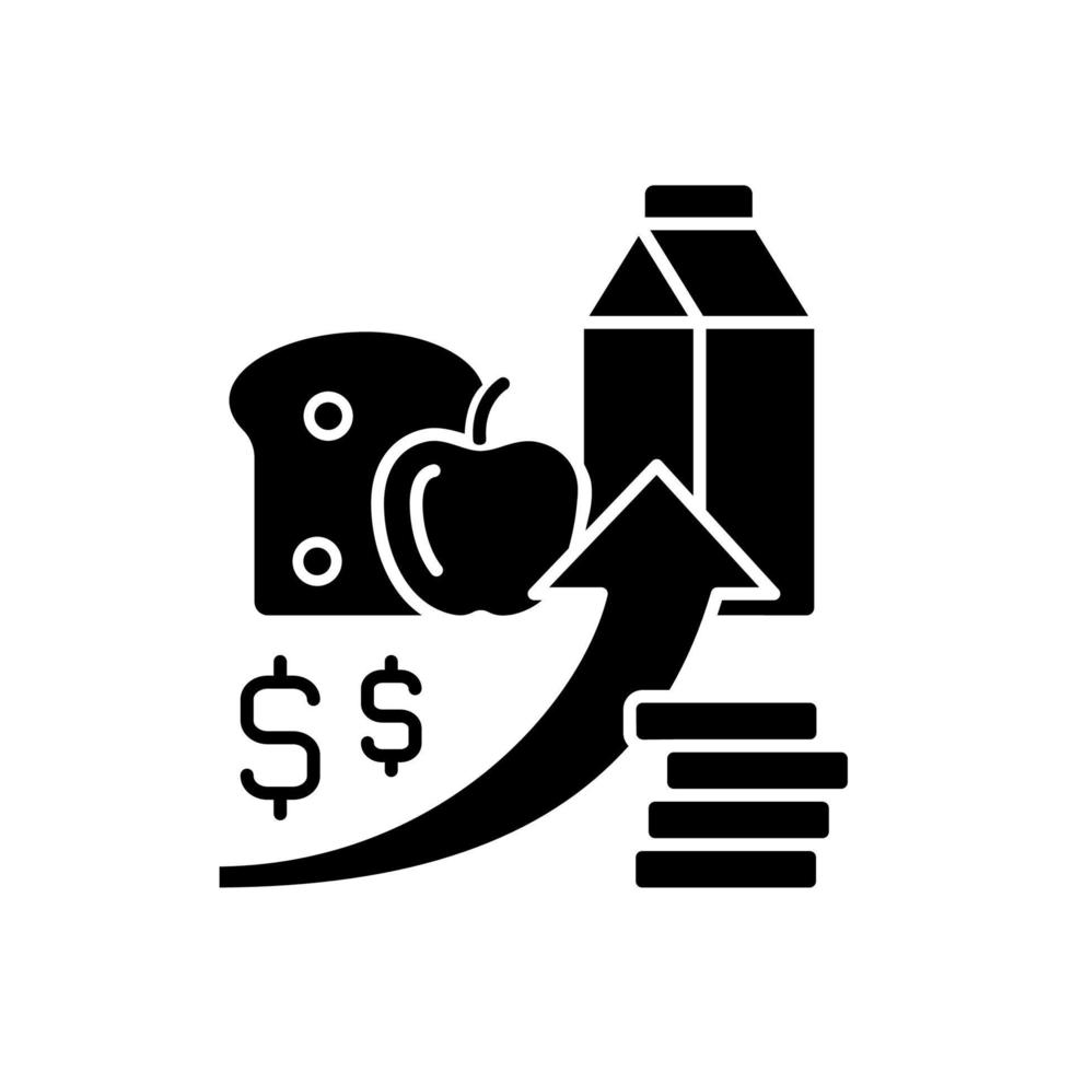 Increasing food prices black glyph icon. Price inflation. Economical issue. Grocery shopping. Food insecurity and hunger reason. Silhouette symbol on white space. Vector isolated illustration