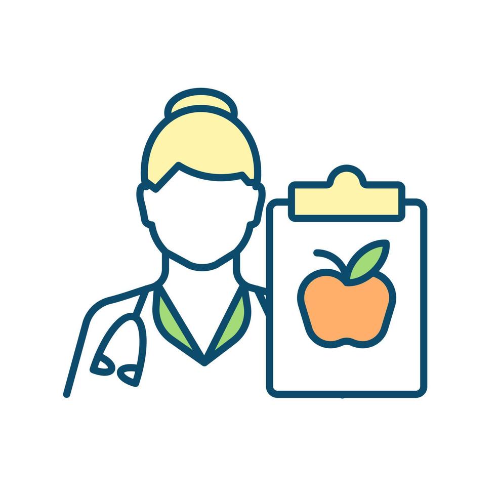 Physician nutrition specialist RGB color icon. Promoting healthy diet and wellbeing. Improving eating habits. Dietetic treatment. Isolated vector illustration. Simple filled line drawing