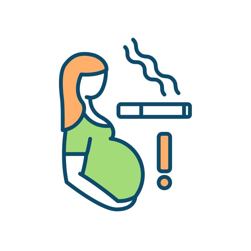 Smoking during pregnancy RGB color icon. Delivering newborn with birth defects risk. Premature birth danger. Harming unborn baby threat. Isolated vector illustration. Simple filled line drawing