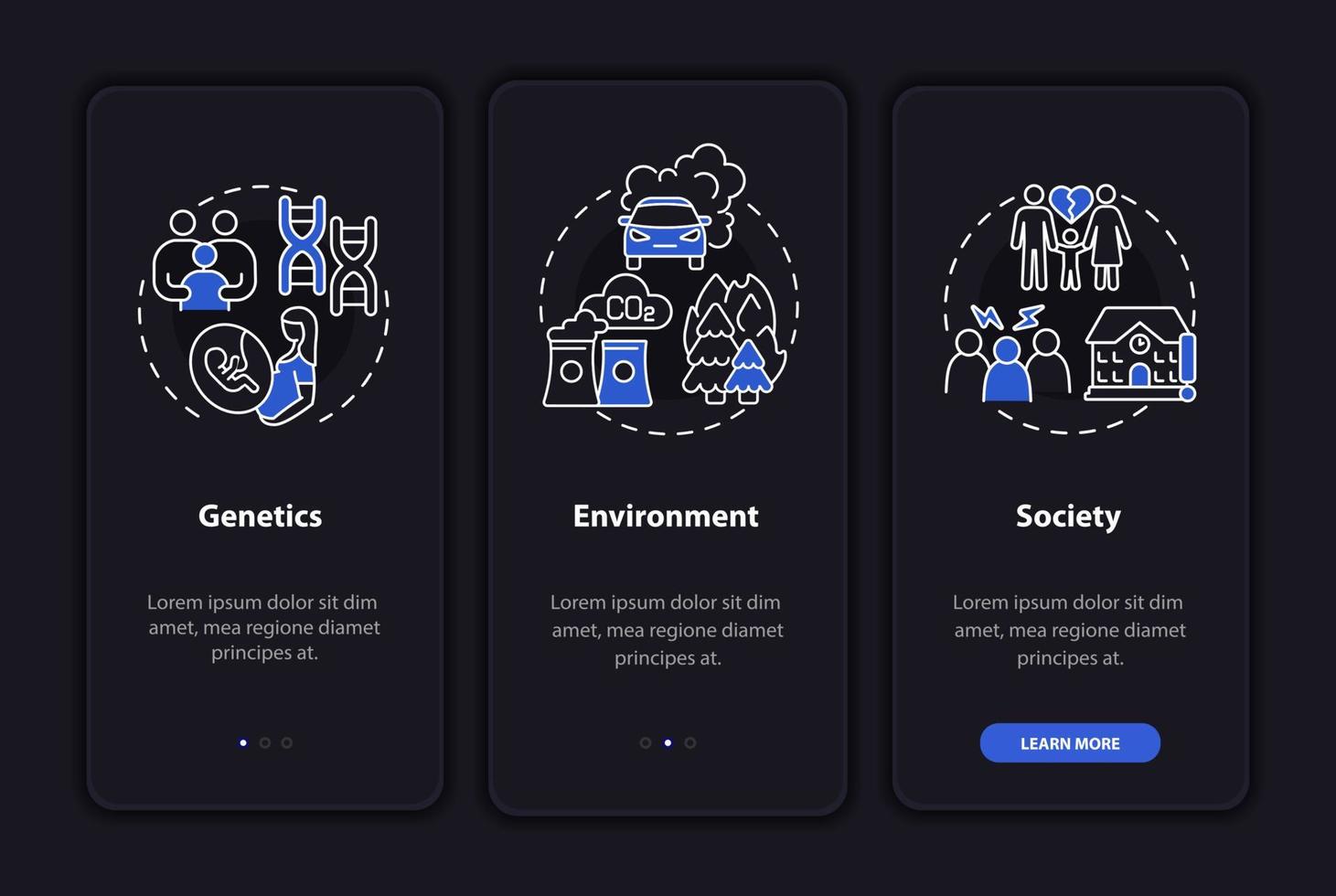 Attention deficit disorder causes onboarding mobile app page screen. Genetics walkthrough 3 steps graphic instructions with concepts. UI, UX, GUI vector template with linear night mode illustrations