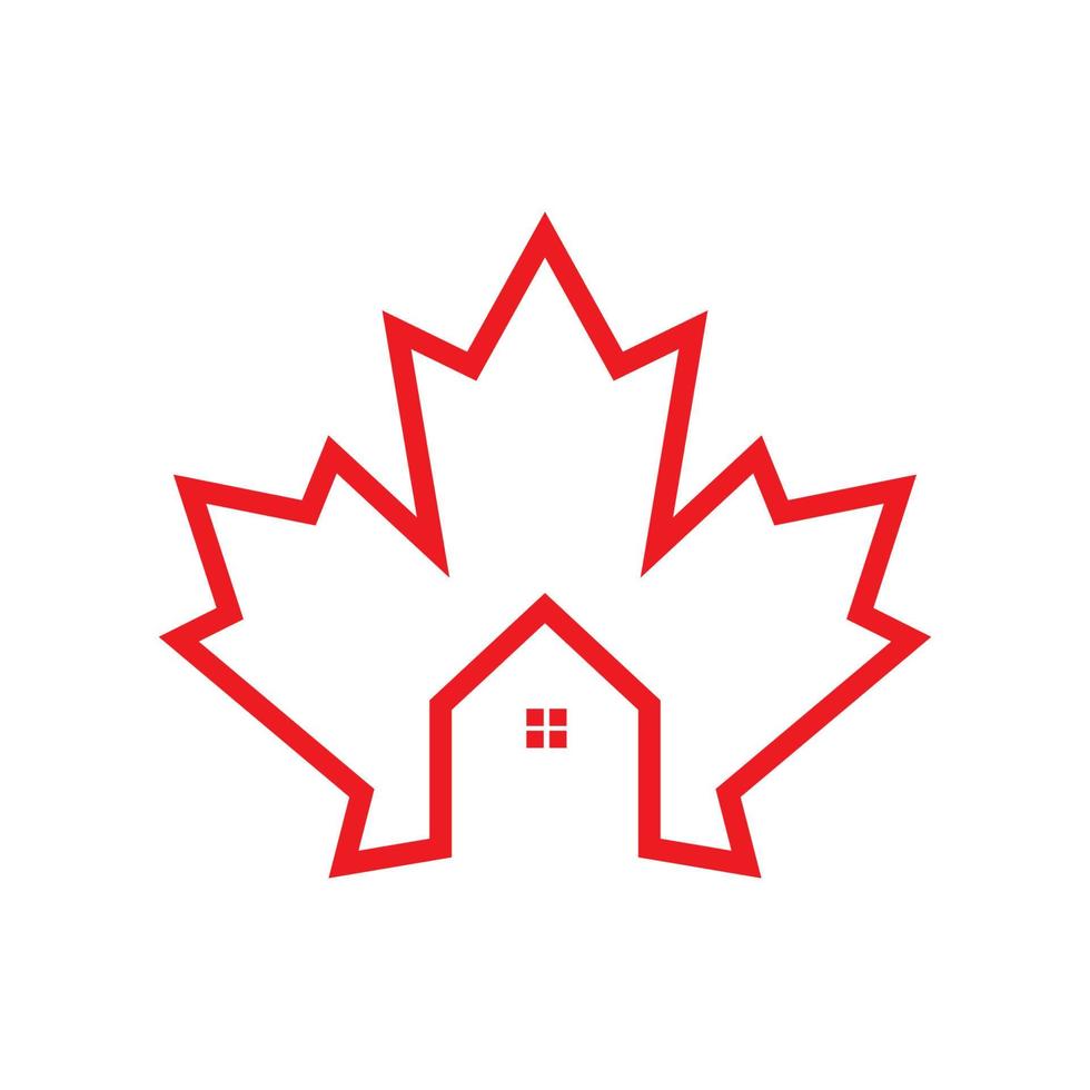 línea de hoja de arce de canadá con diseño de logotipo de casa o casa vector