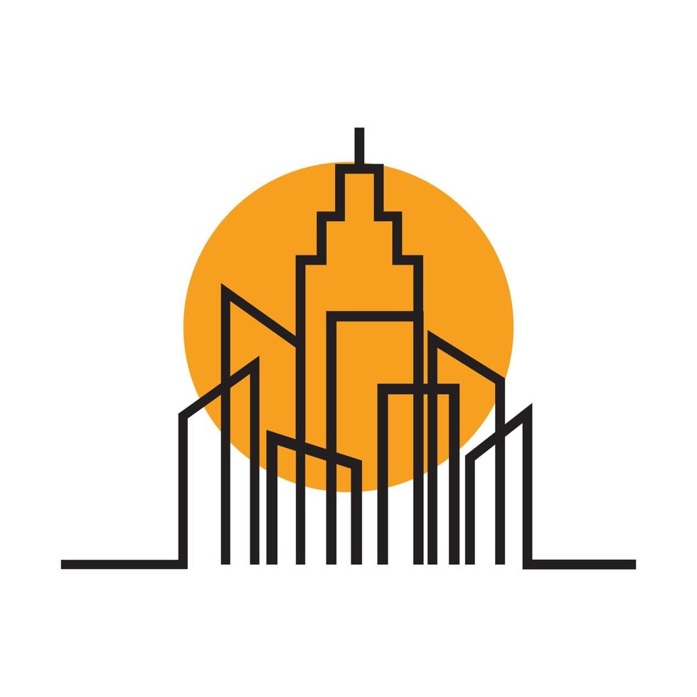 Líneas de edificio alto o rascacielos con logotipo de puesta de sol símbolo vectorial icono ilustración diseño vector