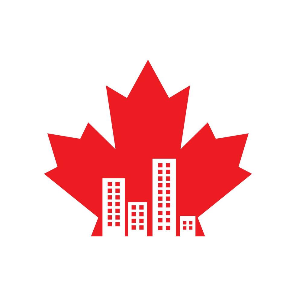 Canada maple red with city silhouette logo design vector