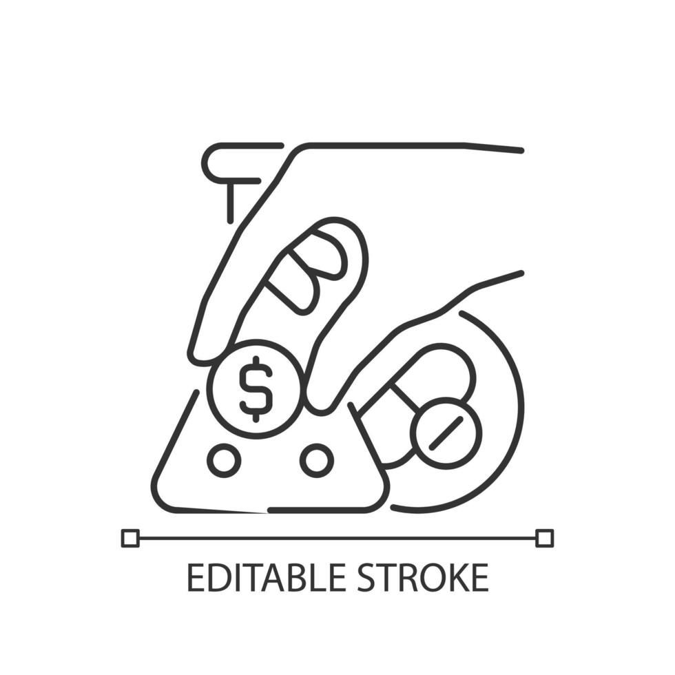 Crowdfunding for medical trials linear icon. Raising research funds. Health financing. Thin line customizable illustration. Contour symbol. Vector isolated outline drawing. Editable stroke