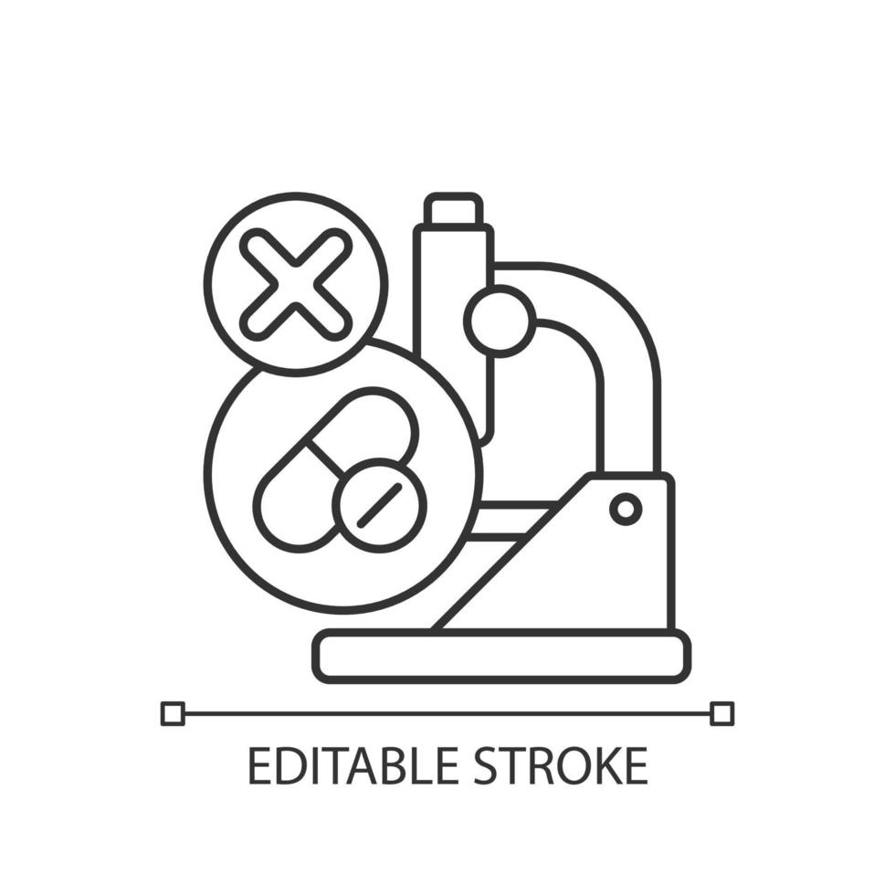 icono lineal de investigación fallida. contratiempo en el ensayo clínico. selección de dosis inadecuada. falta de eficacia. ilustración personalizable de línea delgada. símbolo de contorno dibujo de contorno aislado vectorial. trazo editable vector