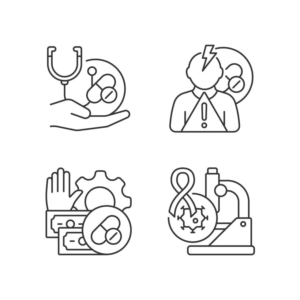 Drug-potency studies linear icons set. Improving treatment. Side effects risk. Feasibility process. Customizable thin line contour symbols. Isolated vector outline illustrations. Editable stroke