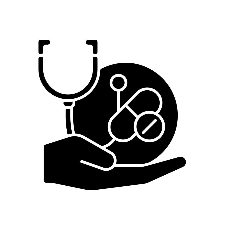 Improving treatment black glyph icon. New drug development. Improve standard of healthcare. Identify better treatment solutions. Silhouette symbol on white space. Vector isolated illustration