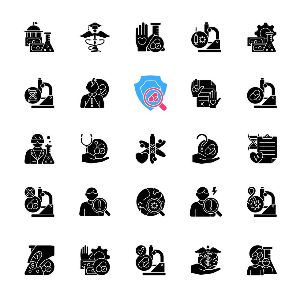 ensayos clínicos iconos de glifo negro establecidos en espacios en blanco. investigación en medicina experimental. científico clínico. oportunidades de financiación. pruebas de nuevos medicamentos. símbolos de silueta. ilustración vectorial aislada vector