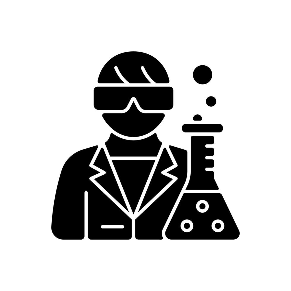 Medical researcher black glyph icon. Biomedical scientist. Develop methods for treating disease. Scientific investigation. Silhouette symbol on white space. Vector isolated illustration