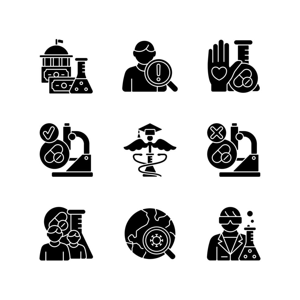 Clinical study black glyph icons set on white space. Evaluating new drugs and treatments. Government funding. Clinical epidemiology. MAMS trials. Silhouette symbols. Vector isolated illustration