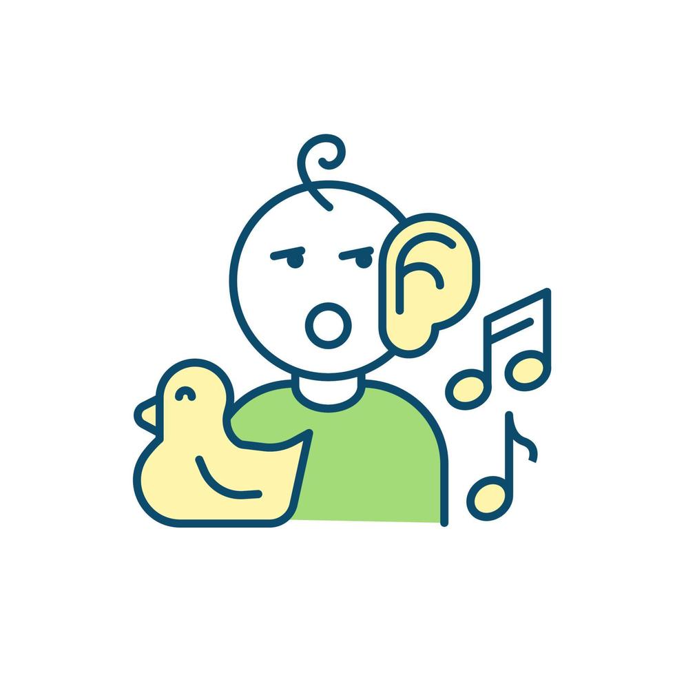 Attention development in toddler RGB color icon. Listening skills. Attention milestones in early childhood. Capturing kid focus with music. Isolated vector illustration. Simple filled line drawing