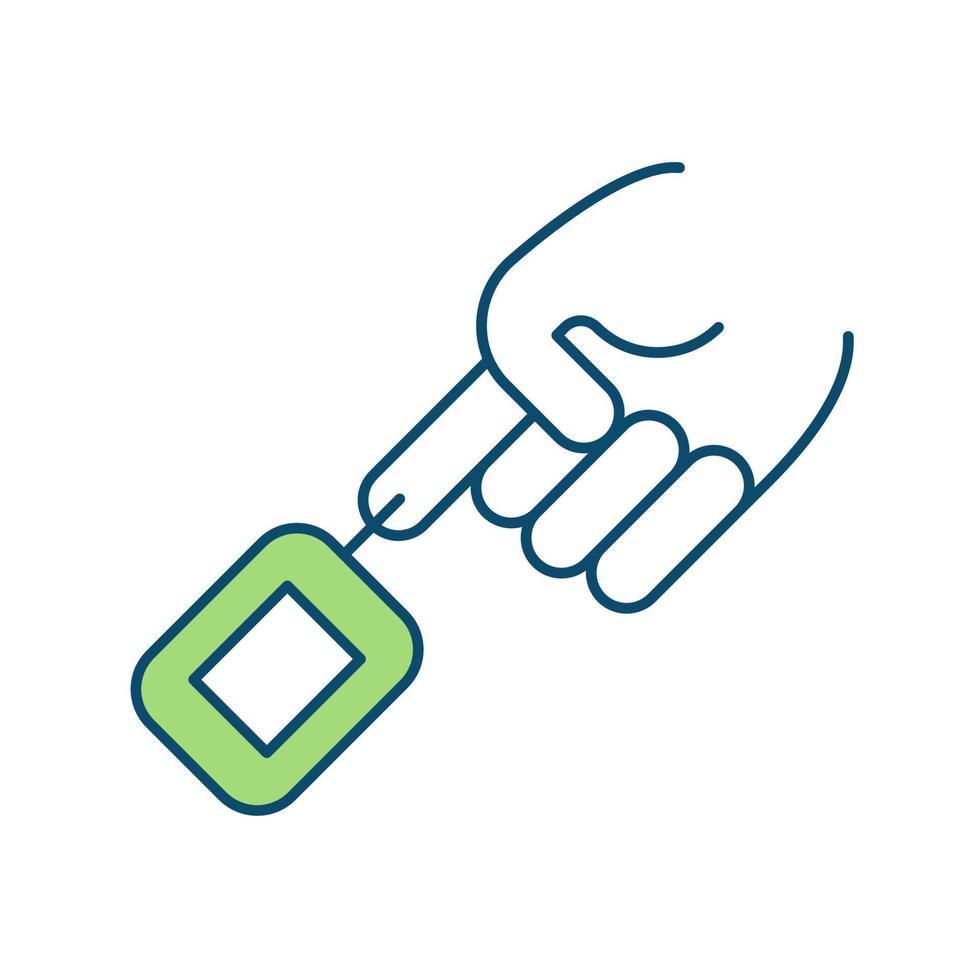 Blood sugar testing RGB color icon. Glucose monitor. Pricking finger with small needle. Diabetes management. Measuring sugar levels in blood. Isolated vector illustration. Simple filled line drawing