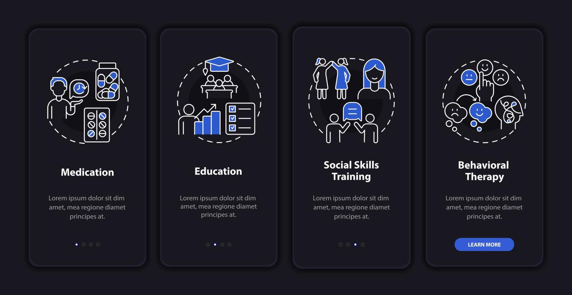 Controlling ADHD behavior onboarding mobile app page screen. Social skills walkthrough 4 steps graphic instructions with concepts. UI, UX, GUI vector template with linear night mode illustrations