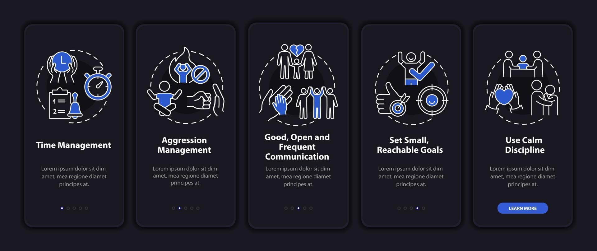 Parenting children with ADHD onboarding mobile app page screen. Reachable goals walkthrough 5 steps graphic instructions with concepts. UI, UX, GUI vector template with linear night mode illustrations