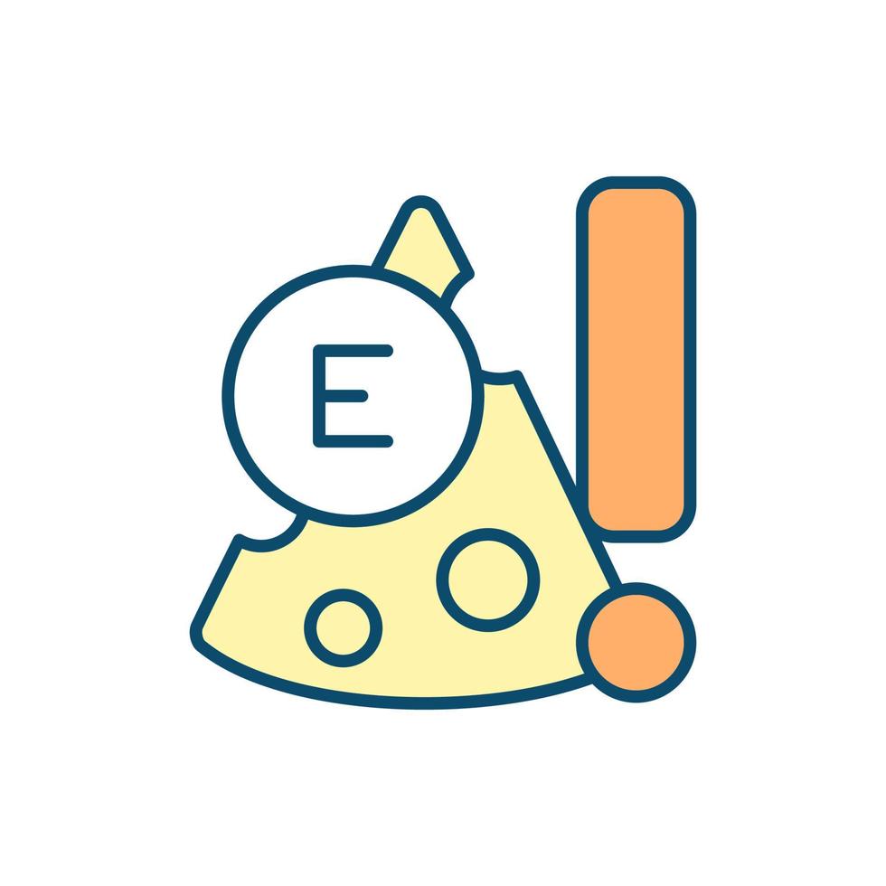 Cheese intake RGB color icon. High-protein diet. Risk of coloring cheese. Dairy product consumption. Source of calcium and fat. Fermented food. Isolated vector illustration. Simple filled line drawing