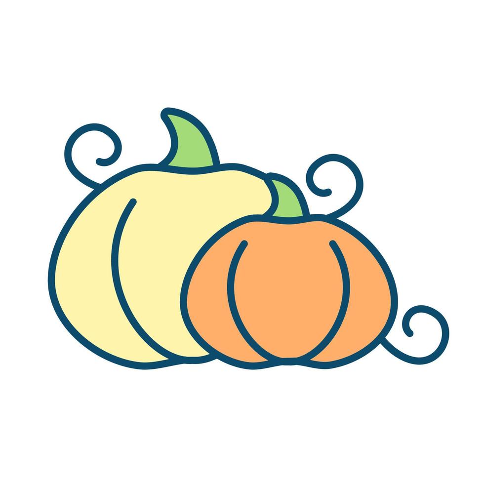 Pumpkins RGB color icon. Nutritious orange vegetable. Ripe pumpkin for carving and Halloween design. Weight-loss-friendly food. Harvest symbol. Isolated vector illustration. Simple filled line drawing