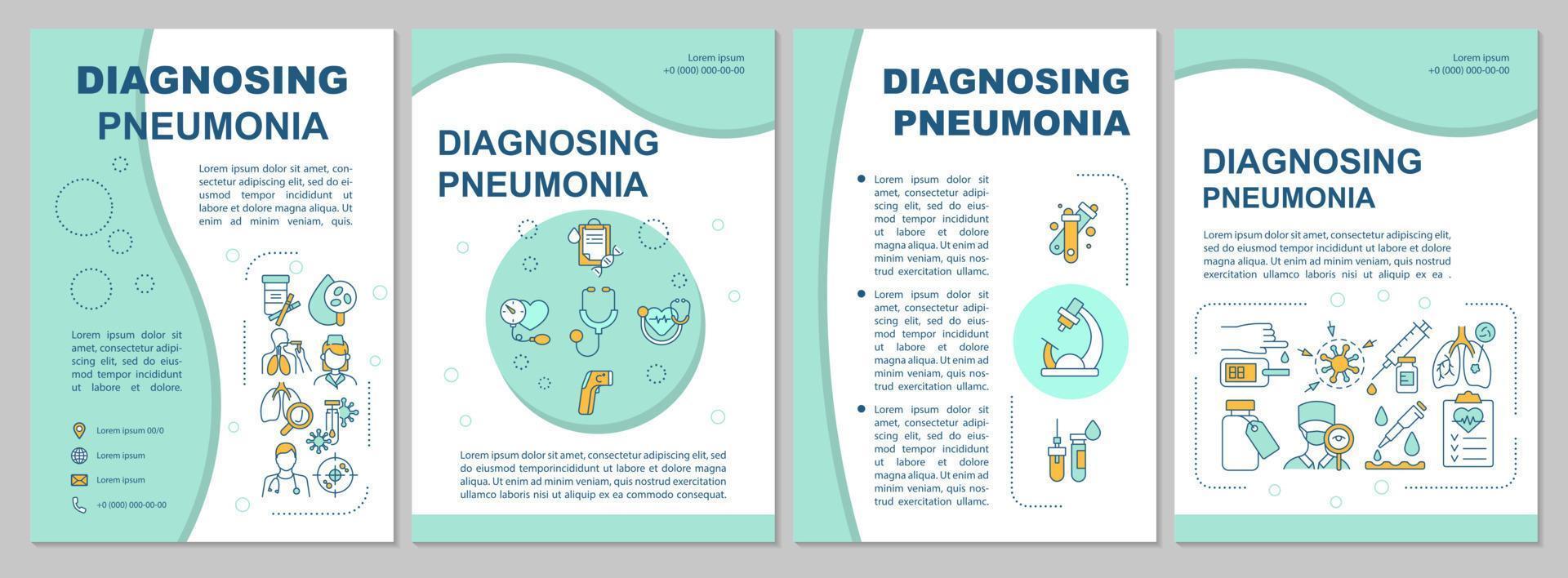 Detecting pneumonia brochure template. Diagnostic tests. Flyer, booklet, leaflet print, cover design with linear icons. Vector layouts for presentation, annual reports, advertisement pages