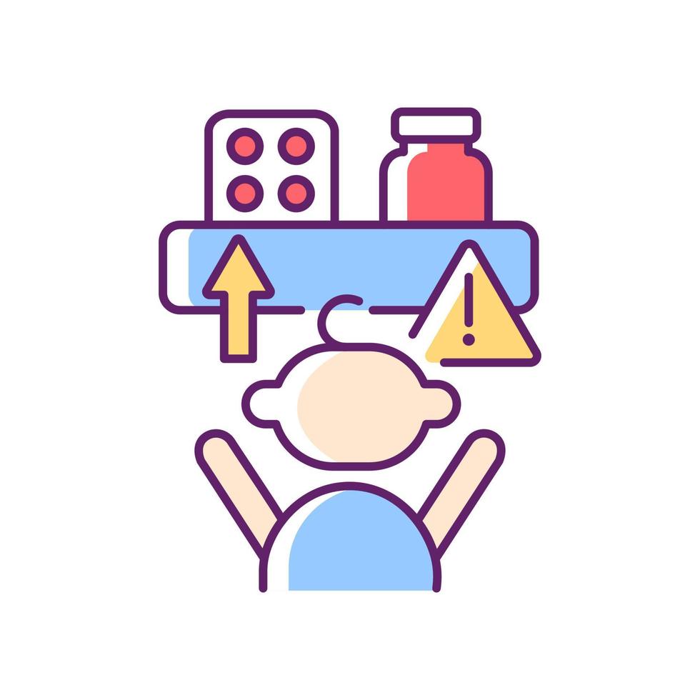 No access to medicine RGB color icon. Child security at home. Medication poisoning prevention. Keep pills away from children. Isolated vector illustration. Simple filled line drawing