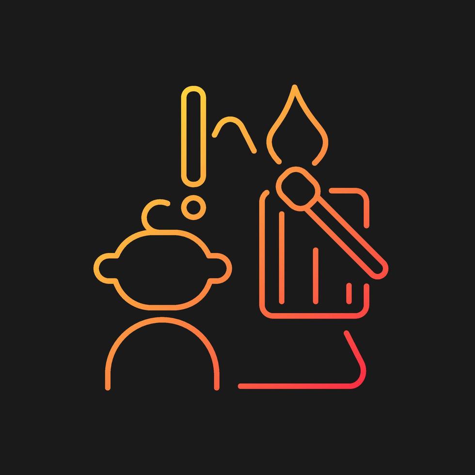 niño y fósforos y velas icono de vector de gradiente para tema oscuro. niño jugando con fósforos. prevención de fuego. símbolo de color de línea delgada. pictograma de estilo moderno. dibujo de contorno aislado vectorial