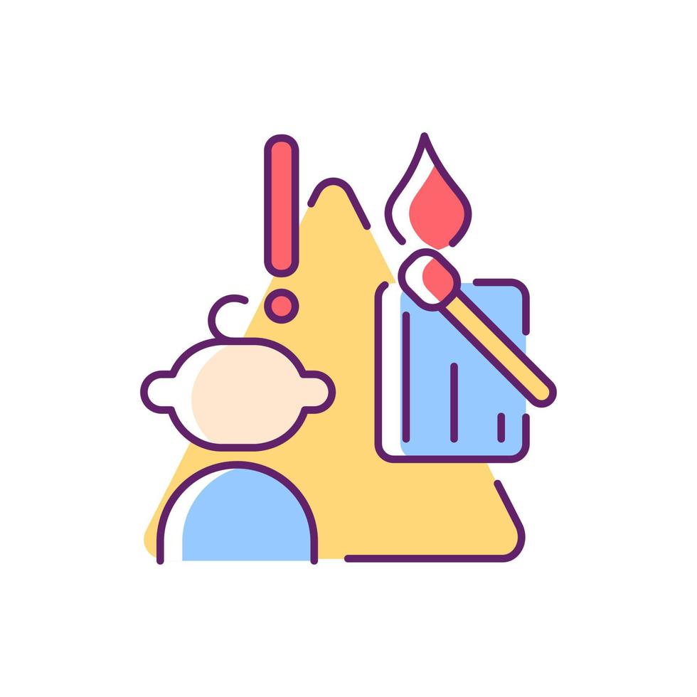 Child and matches and candles RGB color icon. Kid playing with matches. Do not let children play with candle flame. Fire prevention. Isolated vector illustration. Simple filled line drawing