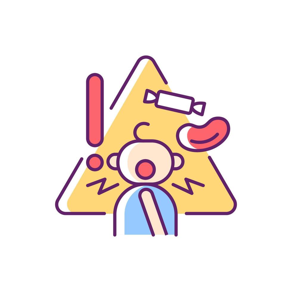 Choking hazard foods RGB color icon. Child safety at home. Prohibited food products for toddlers. Trauma and suffocation prevention. Isolated vector illustration. Simple filled line drawing