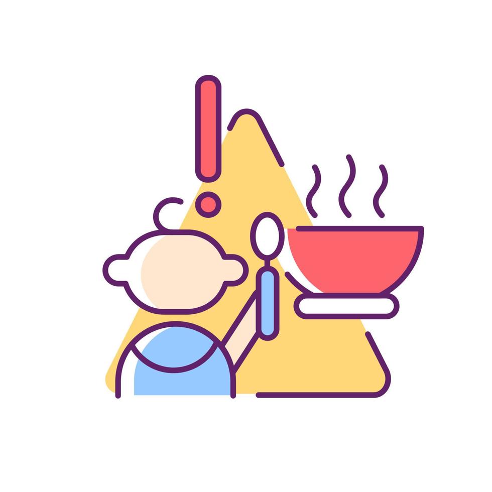 Child and hot food RGB color icon. Baby safety at home. While eating supervision required. Burn and injuries prevention. Infant security. Isolated vector illustration. Simple filled line drawing