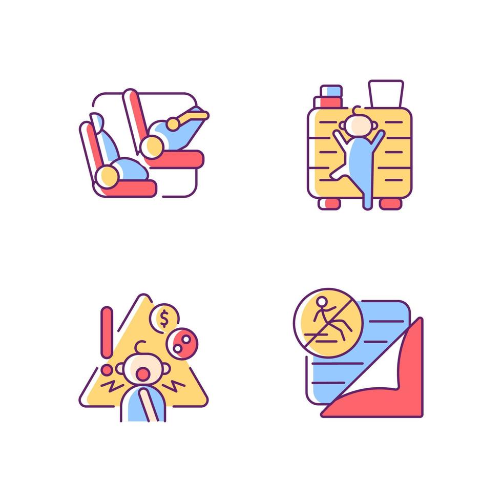 Accidents prevention RGB color icons set. Falling and choking precaution. Child safety. Car seat and belt to protect kid in car. Isolated vector illustrations. Simple filled line drawings collection